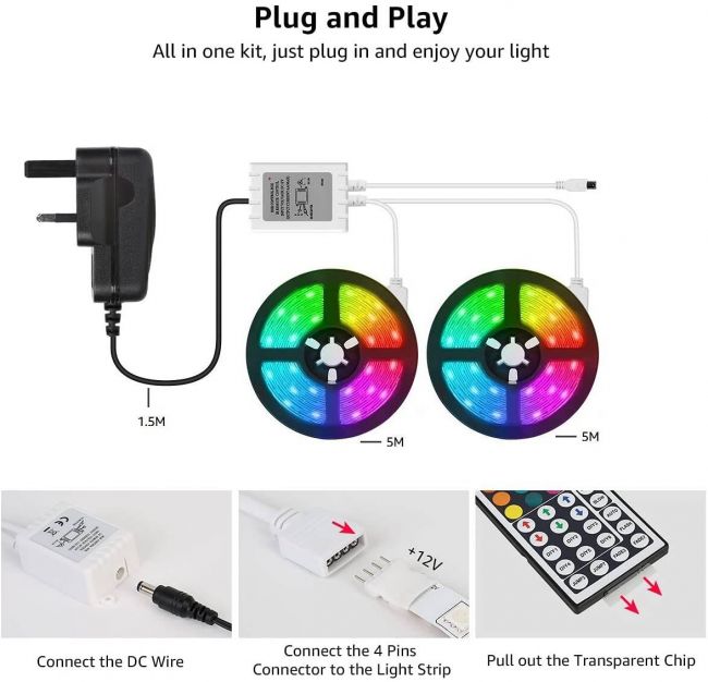 Lepro 10M LED Strip Lights with Remote, 5050 RGB Colour Changing, Plug and  Play, Stick-on LED Light for Bedroom, Kitchen, Bar Decoration (2 x 5 Metres)